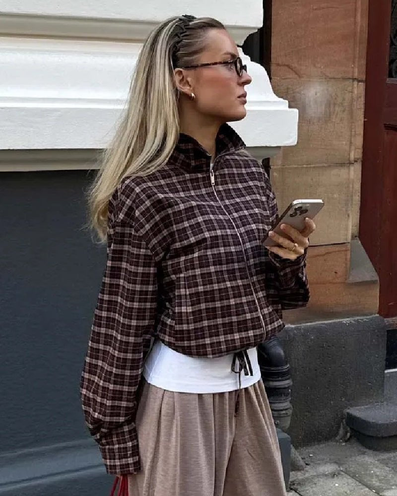 Dagny Check High-Collar Zip Coat in brown check – styled look