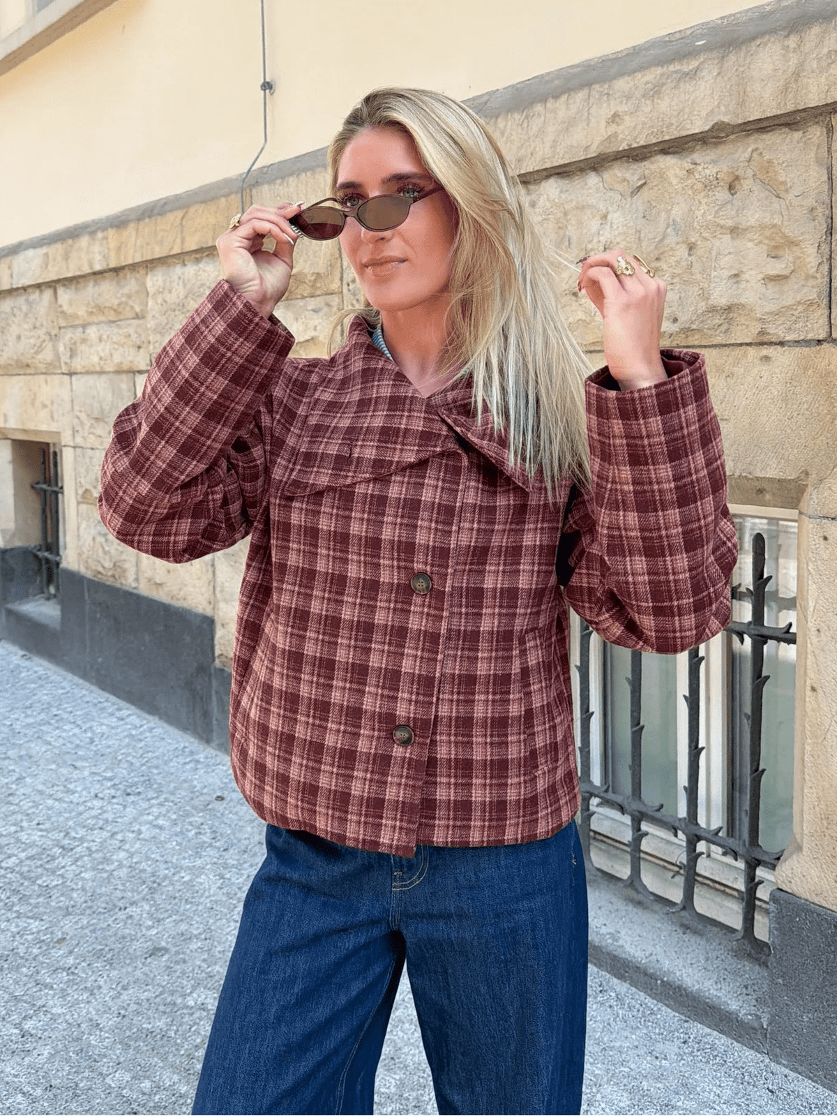 Edith Plaid Wool-Blend Coat in burgundy plaid – styled look