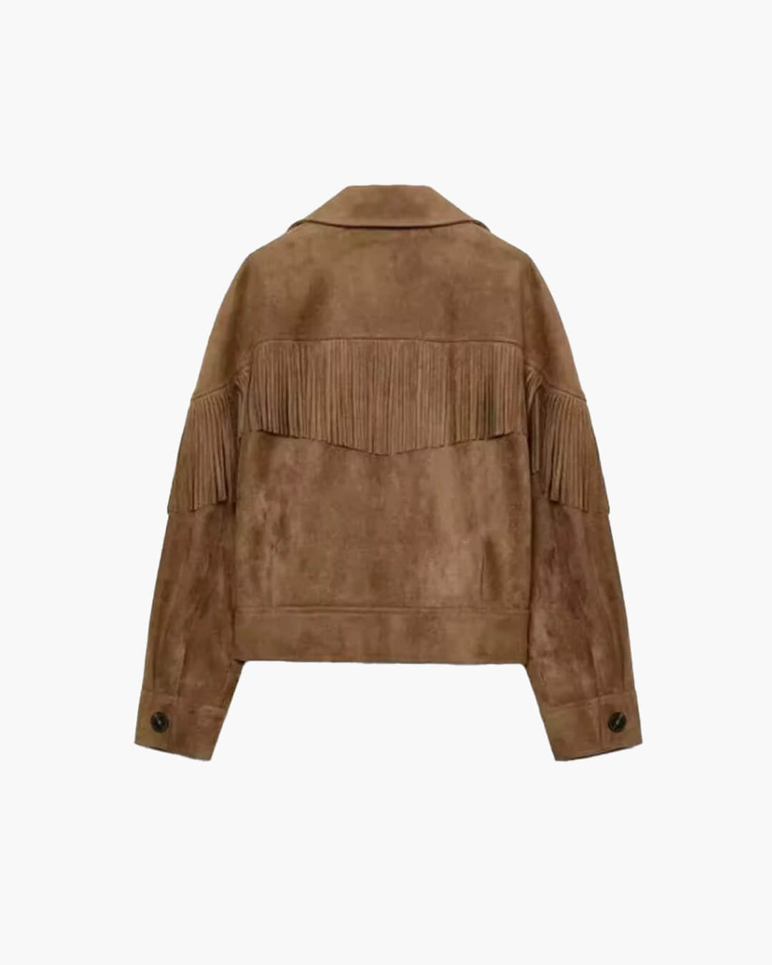 Embla Fringed Faux Suede Cropped Jacket in brown – product shot