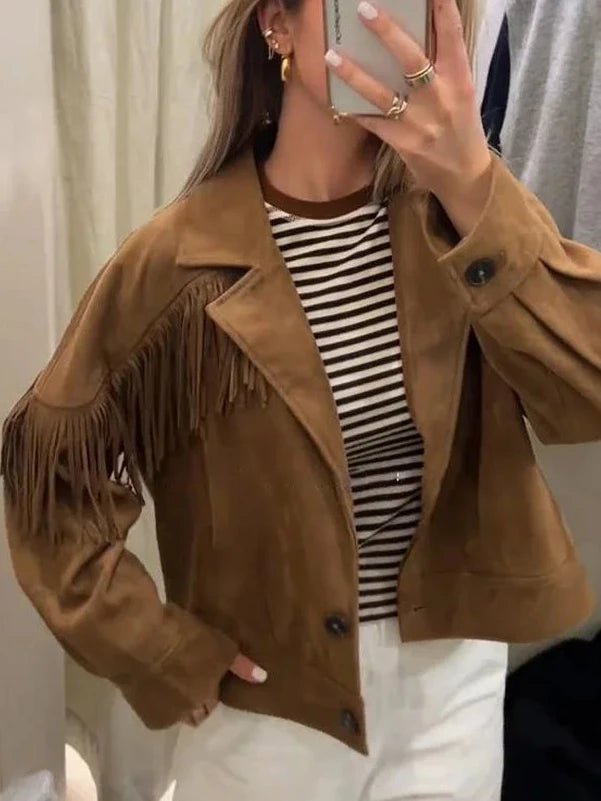Embla Fringed Faux Suede Cropped Jacket in brown – styled look