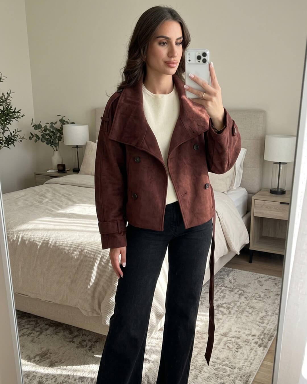 Ines Funnel-Neck Belted Faux Suede Jacket in burgundy – styled look