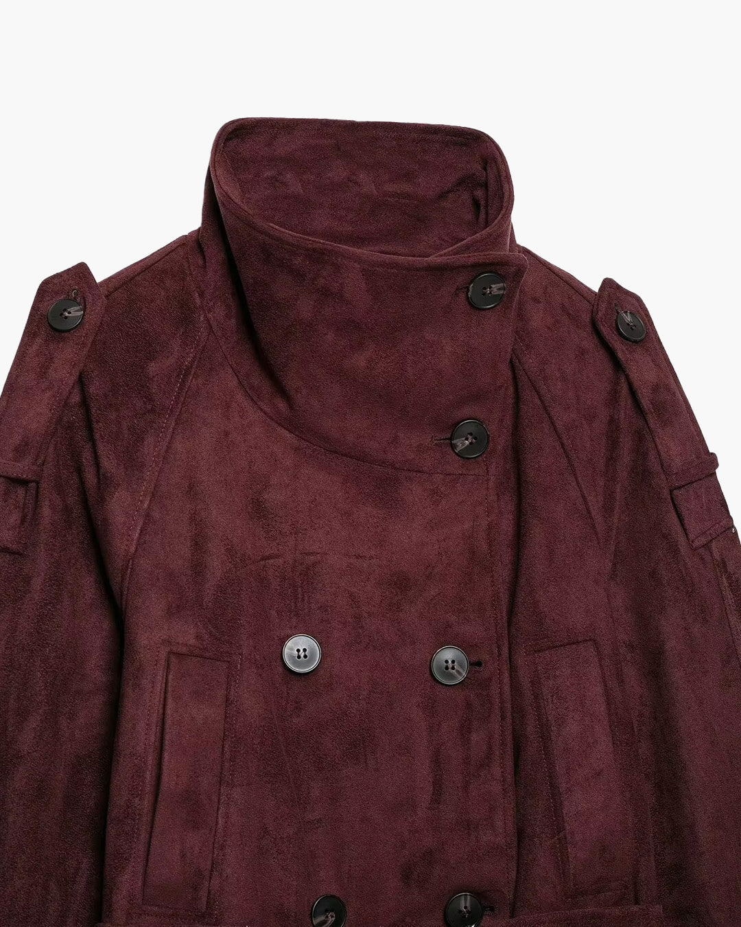 Ines Funnel-Neck Belted Faux Suede Jacket in burgundy – styled look