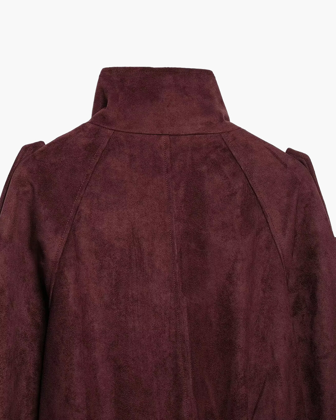 Ines Funnel-Neck Belted Faux Suede Jacket in burgundy – detail