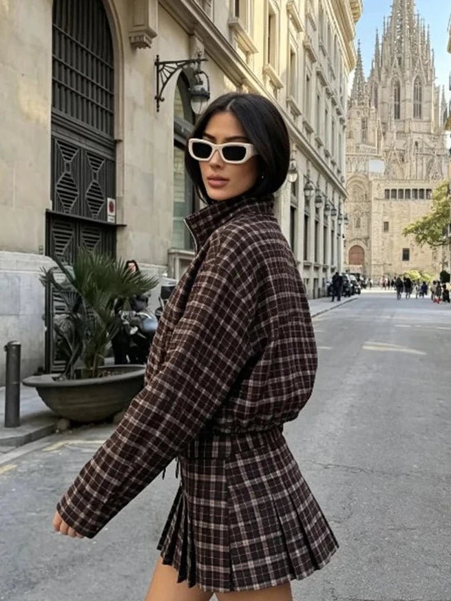 Iris Check Jacket & Mini Skirt Co-ord in brown check – styled look