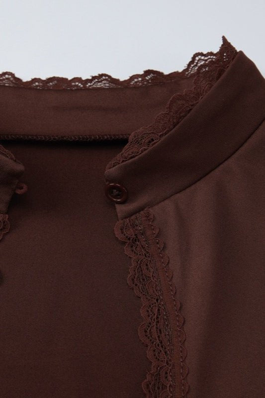 Liv High-Neck Keyhole Blouse in brown – detail