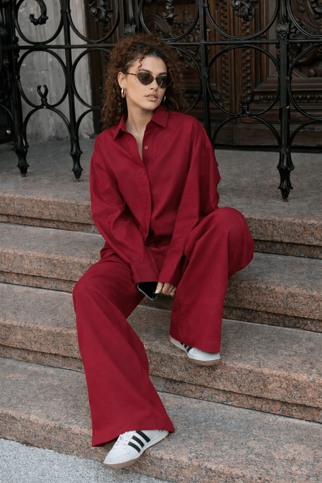 Conjunto Adero de camisa descontraída de algodão e calças de perna larga