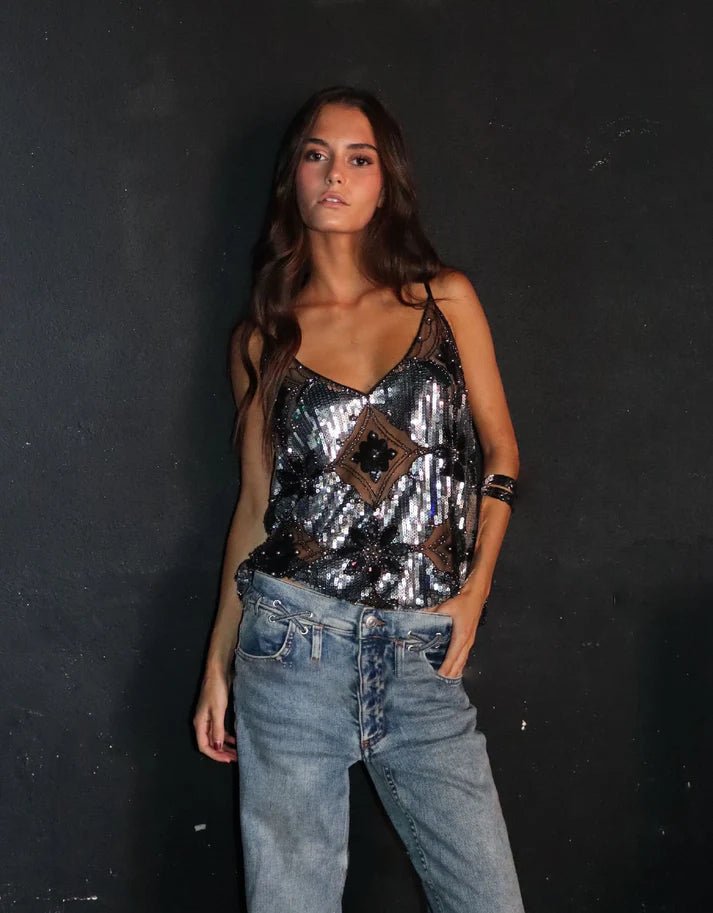 Top transparent Agrippina à sequins et ornements