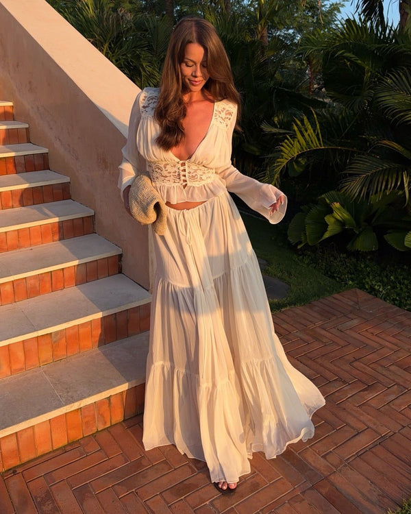 Aiselin Lace V-Neck Maxi Skirt Set