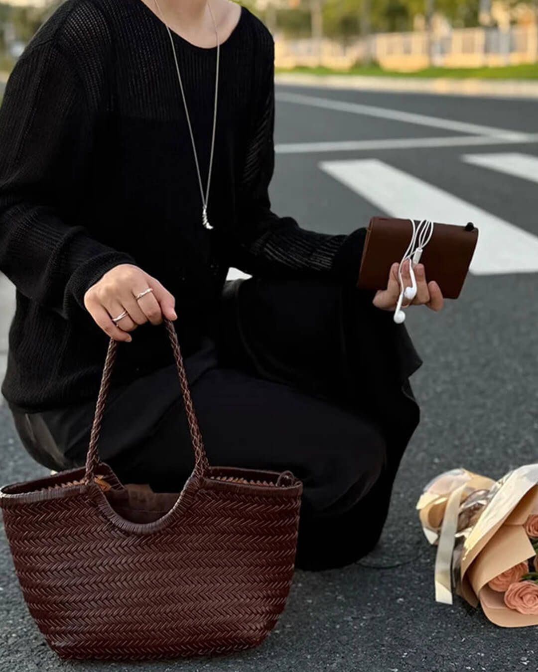 Alba Handwoven Tote Bag in Coffee, large size