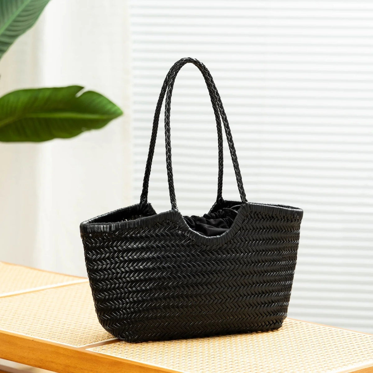 Alba Handwoven Tote Bag in Green, small size, interior view