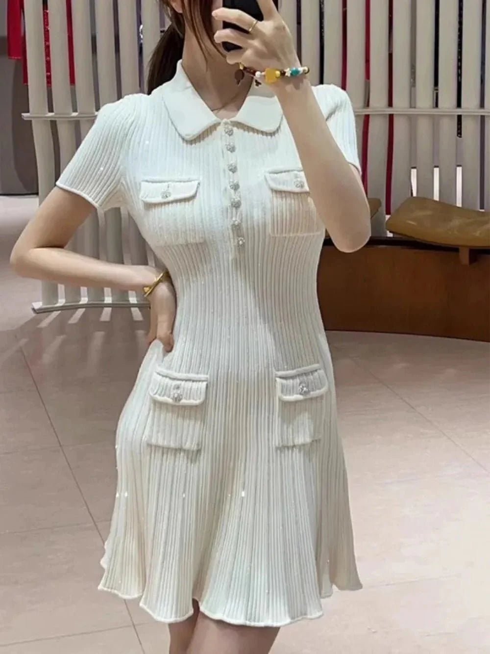 Abito corto Bianca in maglia con paillettes