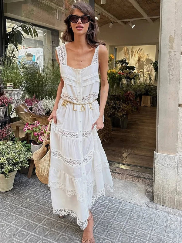 Abito lungo Bianca in pizzo patchwork a balze