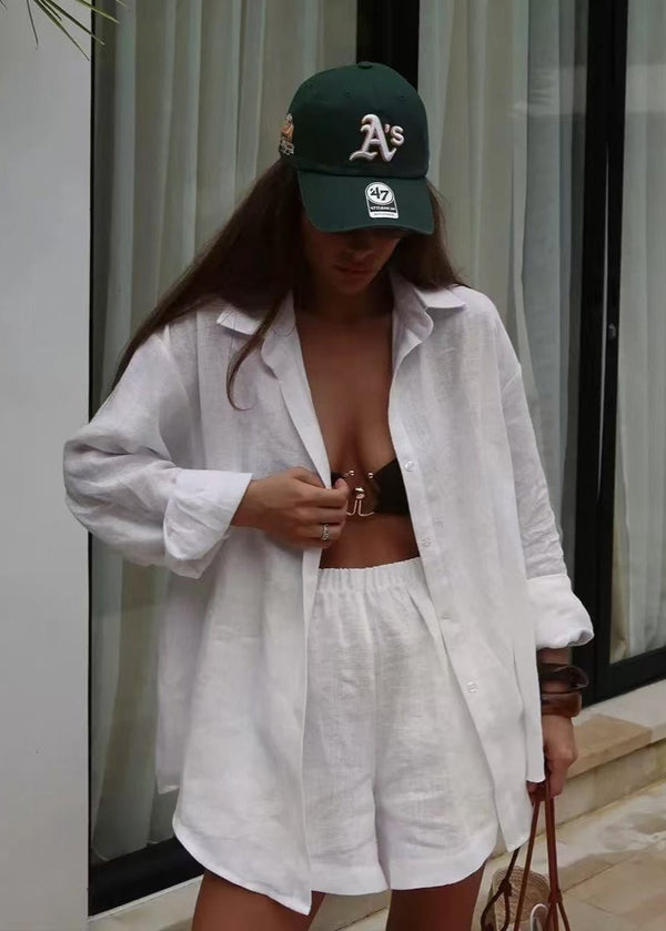 Camille White Cotton Shirt and Shorts Set