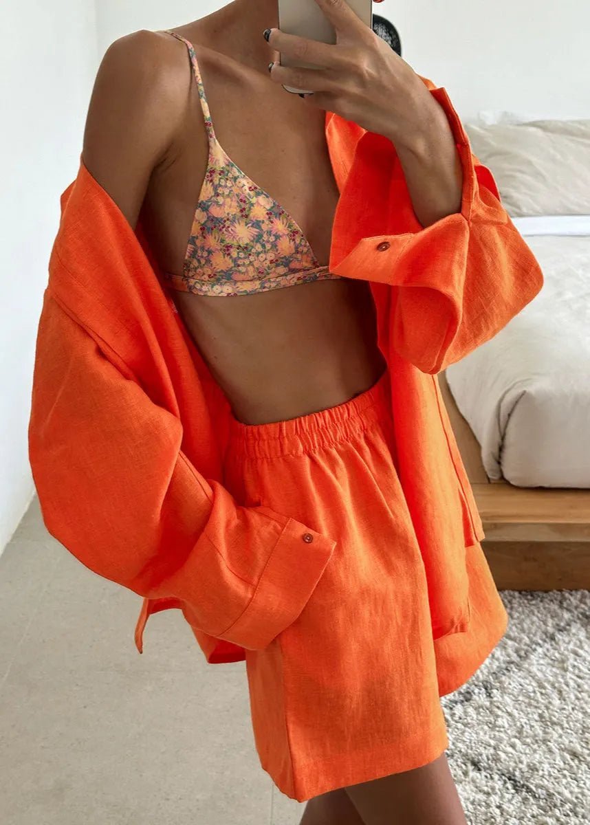 Camille Weißes Baumwollhemd- und Shorts-Set