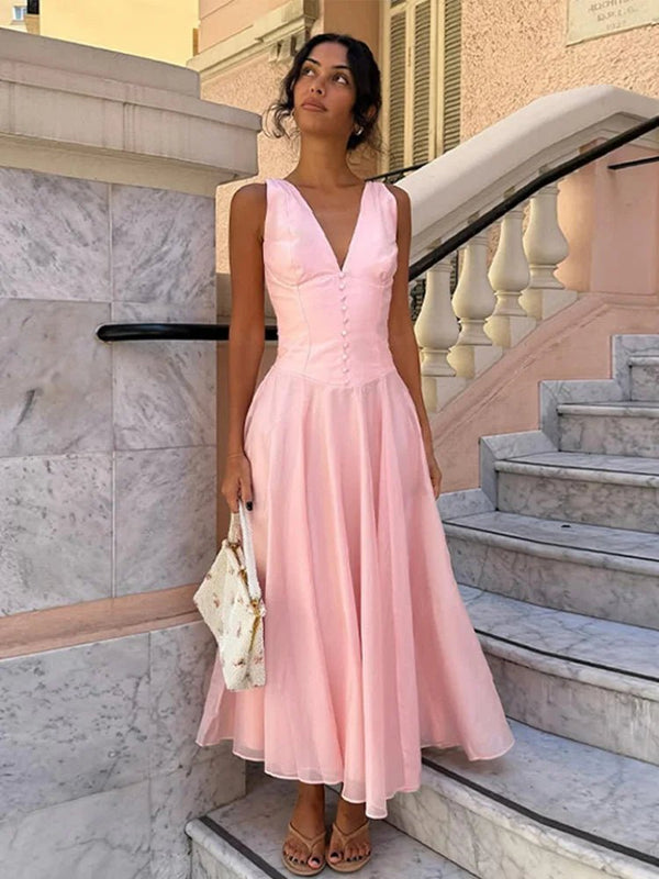 Vestido midi Candice sem mangas e com decote em V