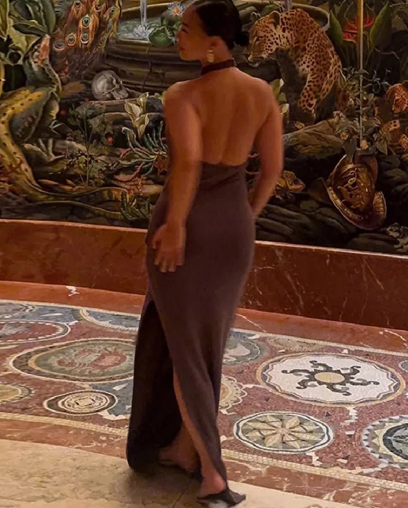 Vestido comprido halter com laço nas costas e costas descobertas Carla
