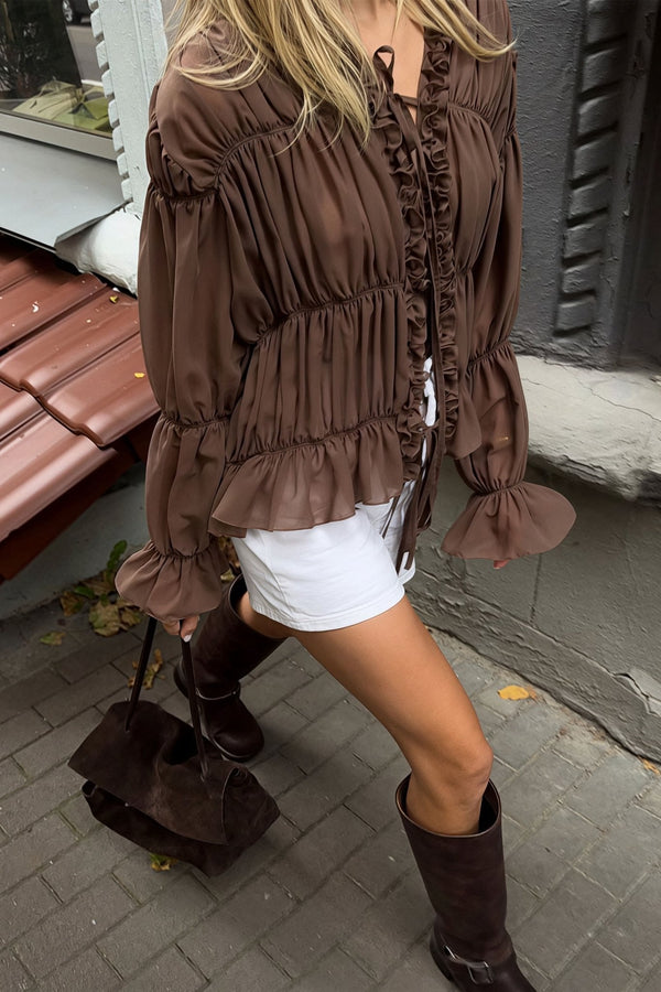 Blusa Carmen con frunces, volantes y lazo