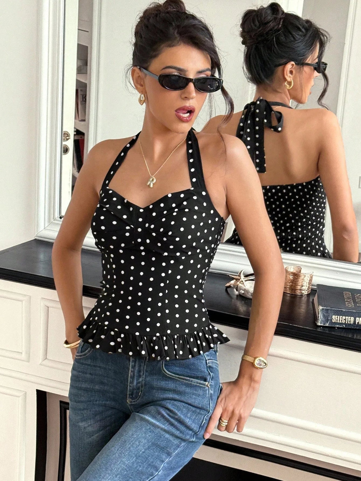 Caryl Polka Dot Halter Crop Top