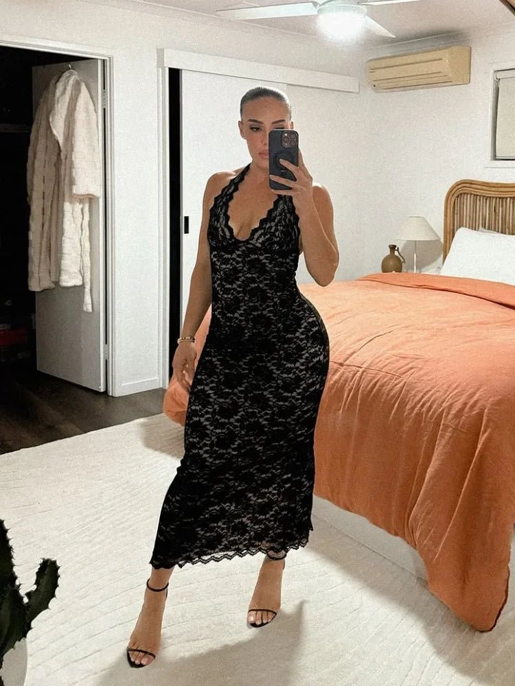 Vestido comprido de renda com gola frente única Cassia