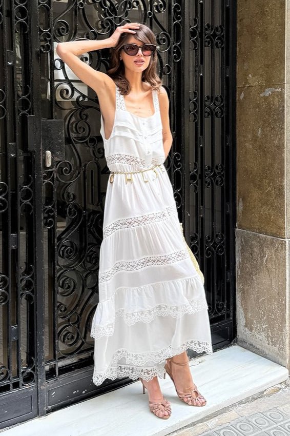 Celeste boho-maxijurk met kanten patchwork en ruches