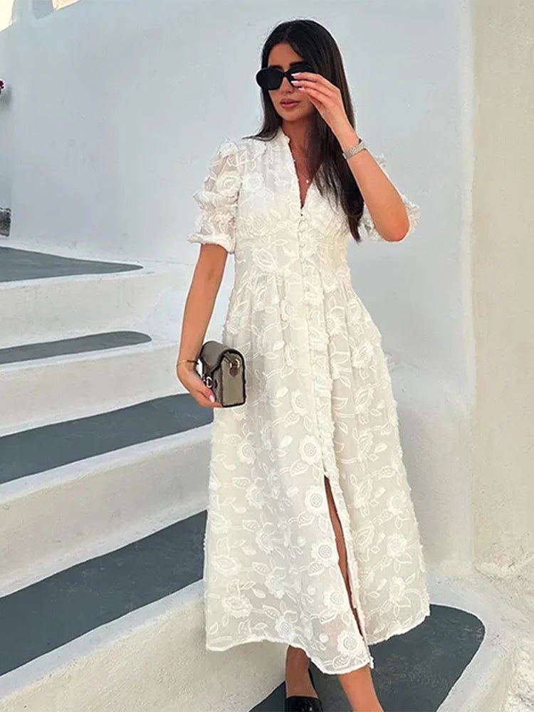 Vestido midi de encaje bordado con escote en V Celeste