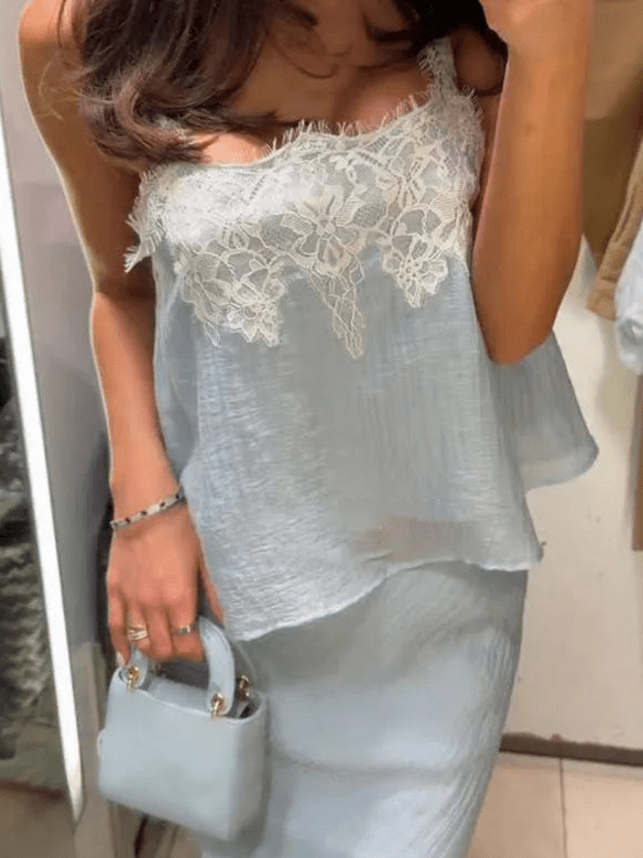 Celeste Lace Spliced Two-Piece Midi Set