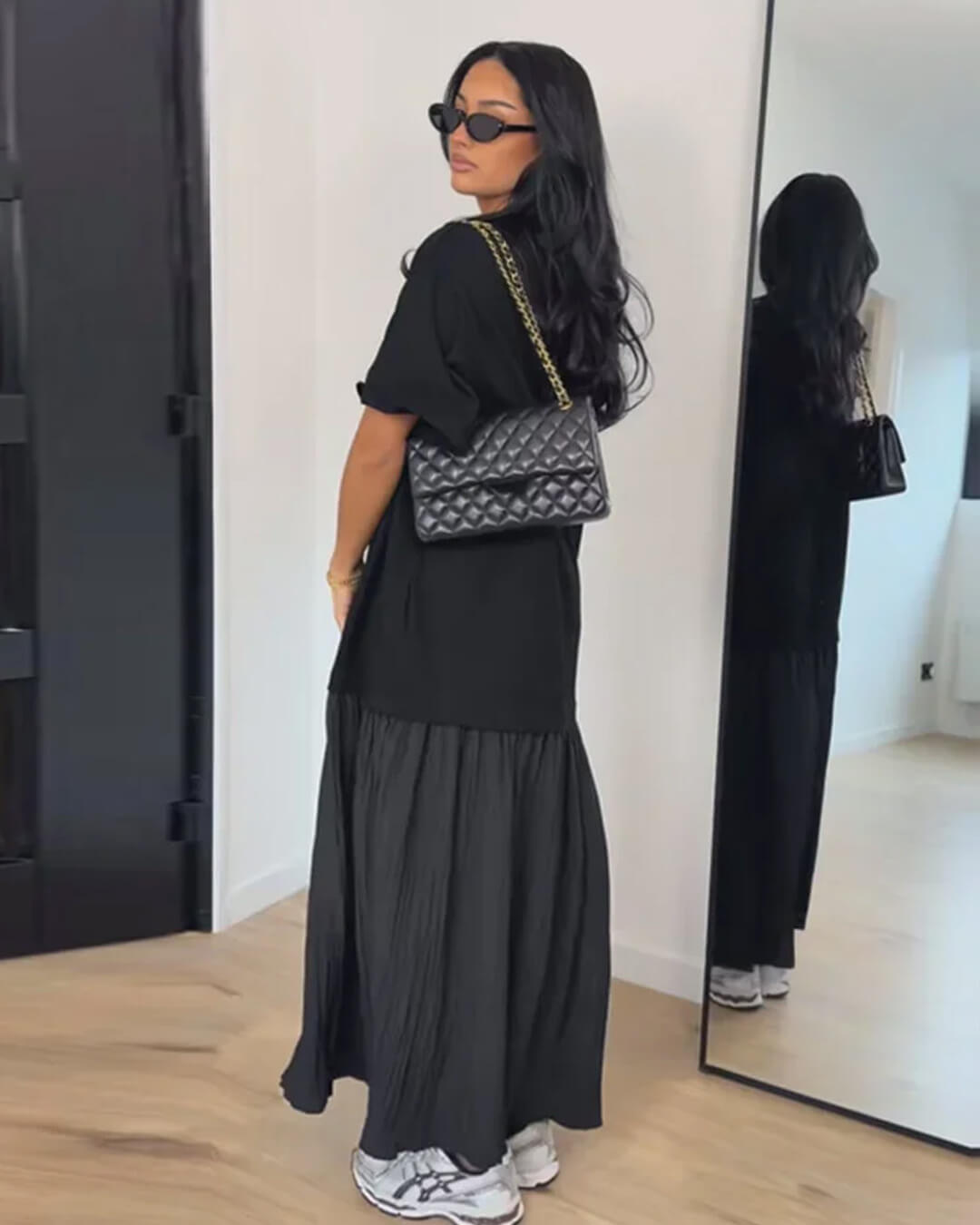 Vestido midi Celeste plissado com patchwork