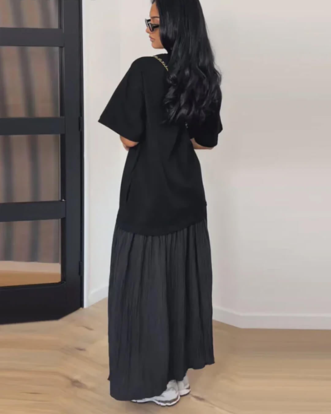 Vestido midi Celeste plissado com patchwork