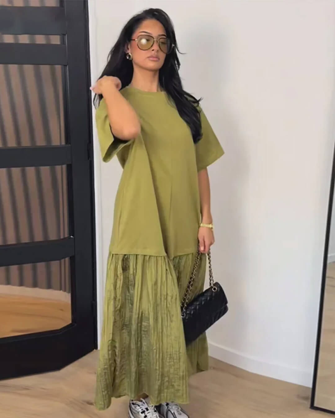 Vestido midi Celeste plissado com patchwork