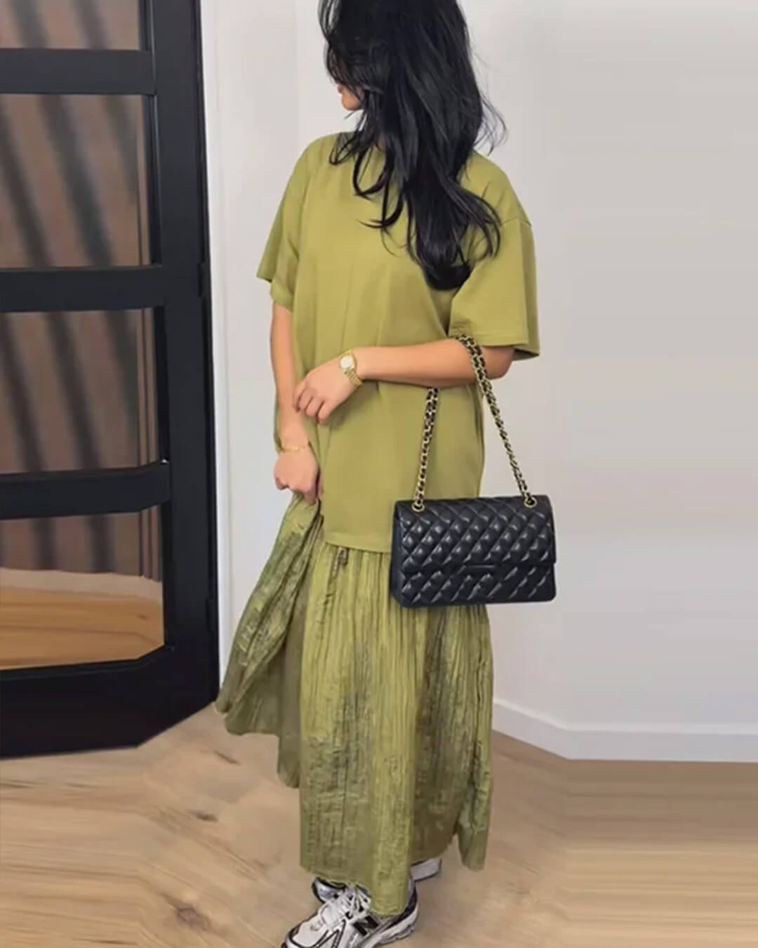 Vestido midi Celeste plissado com patchwork