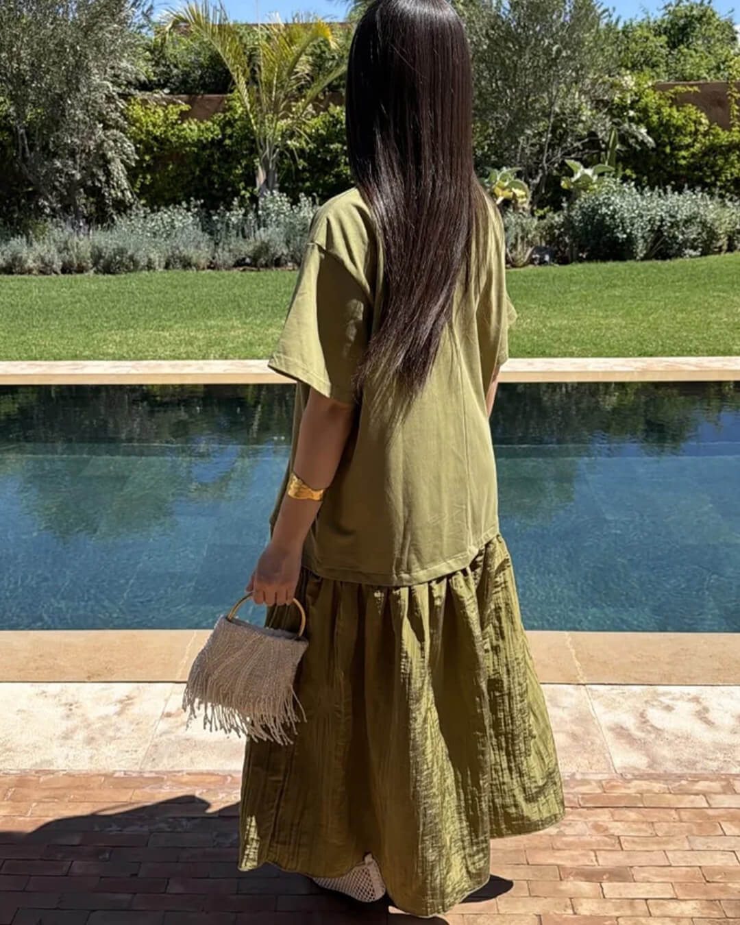 Vestido midi Celeste plissado com patchwork