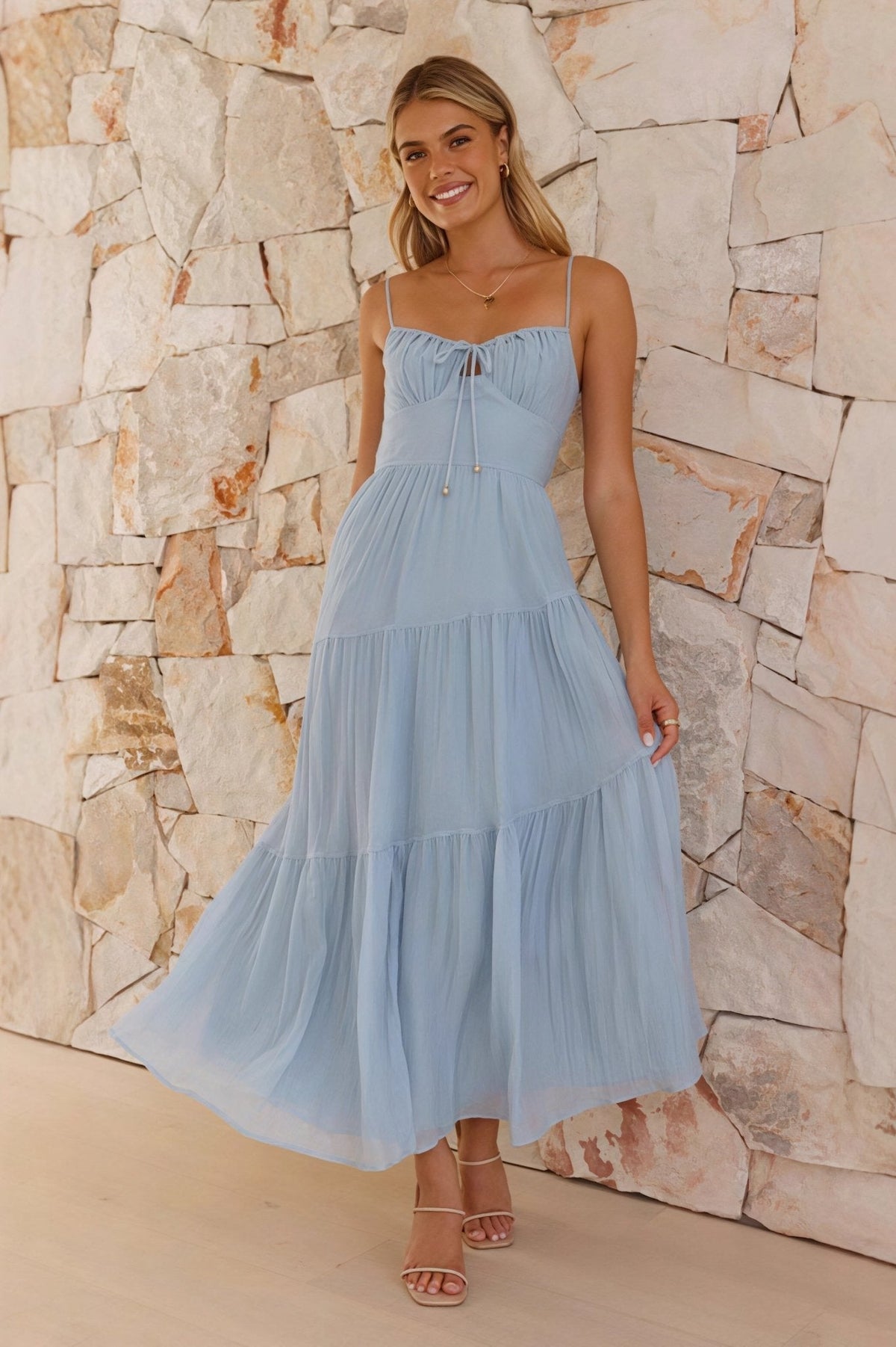 Celeste Spaghetti Strap Open Back Flared Maxi Dress