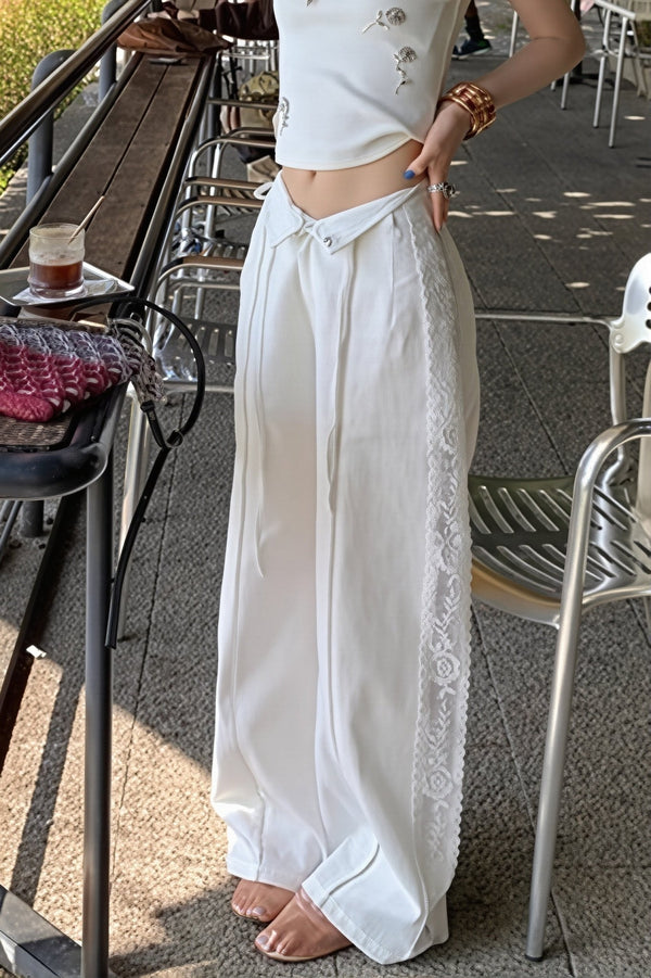 Pantaloni dritti Clara in lino con inserti in pizzo