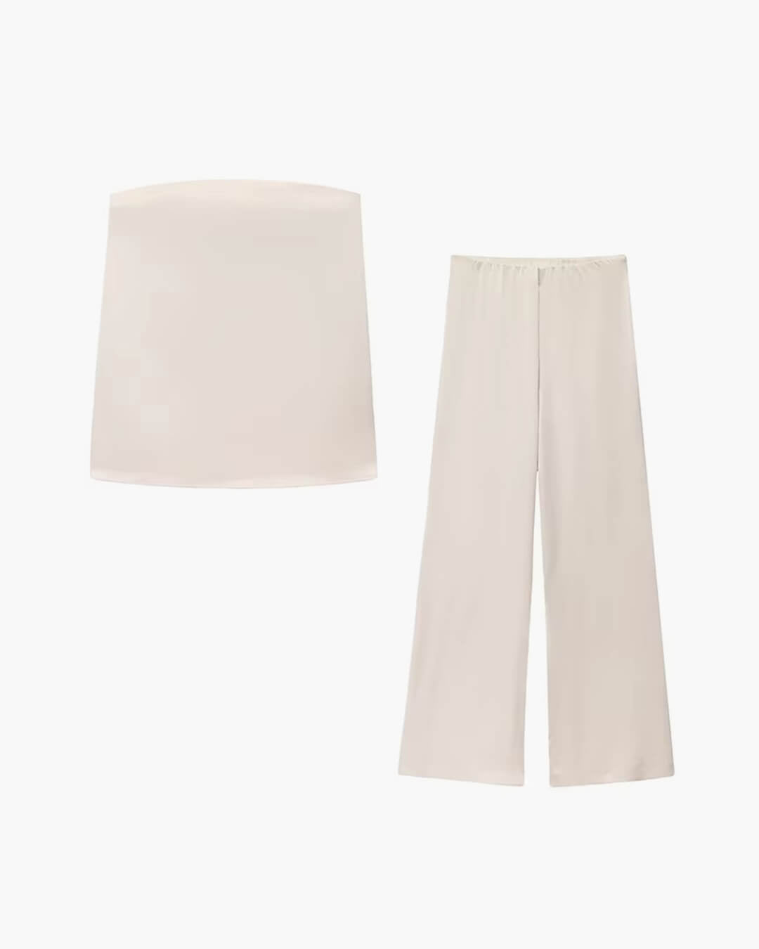 Claudine buksedragt i satin med bandeau-top