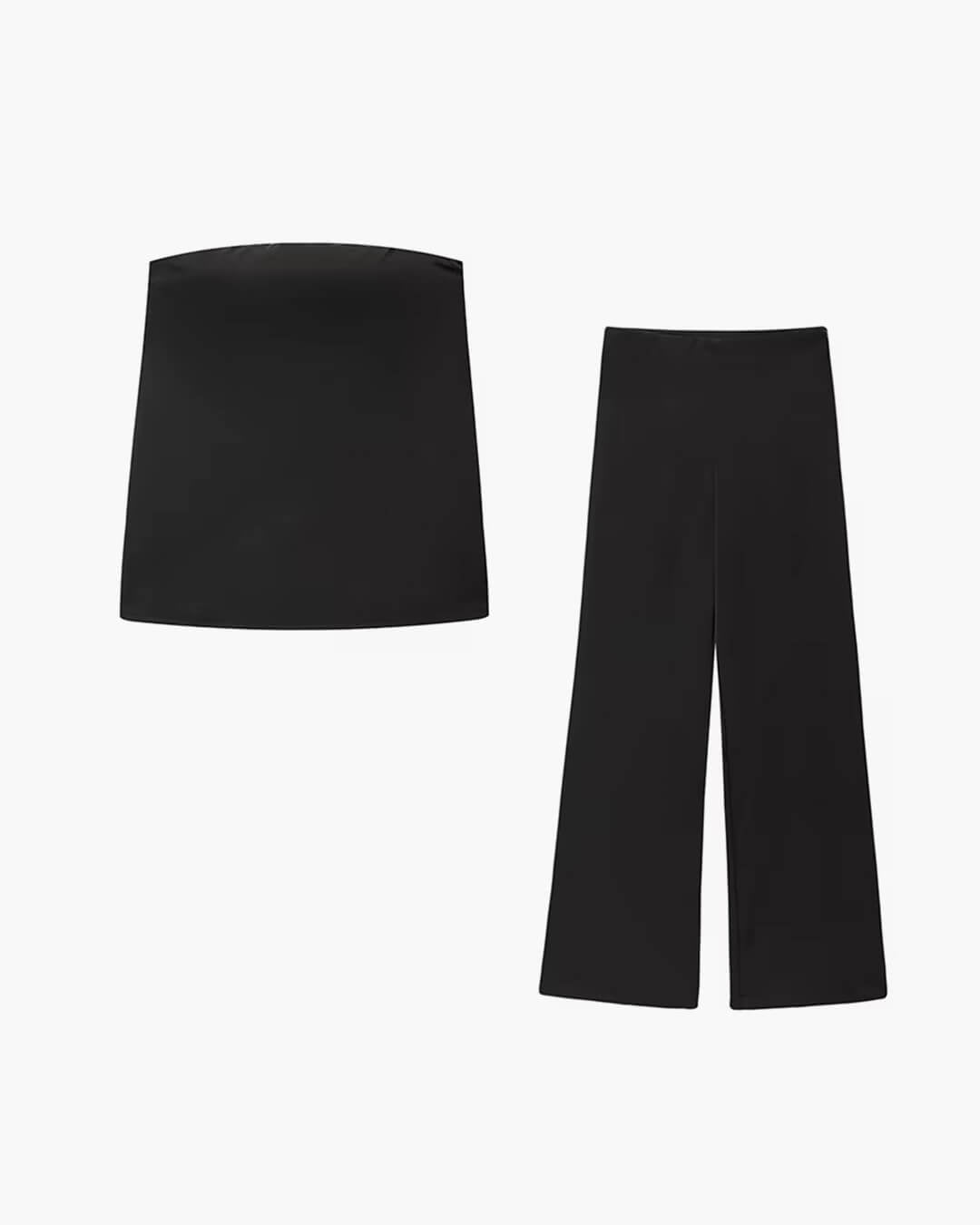 Claudine buksedragt i satin med bandeau-top
