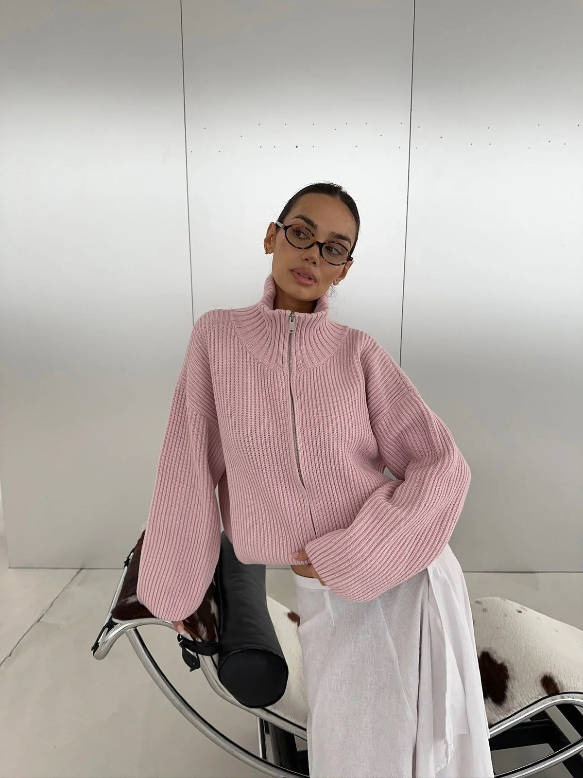 Daniela oversized geribde gebreide trui met rits