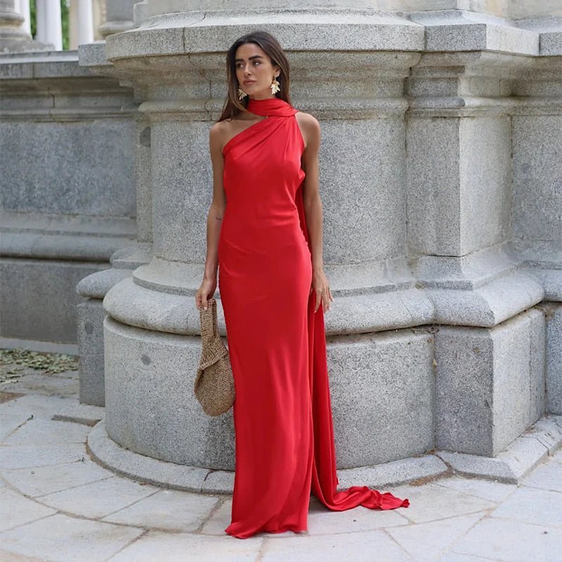 Demetra Satin Halter Backless Evening Gown