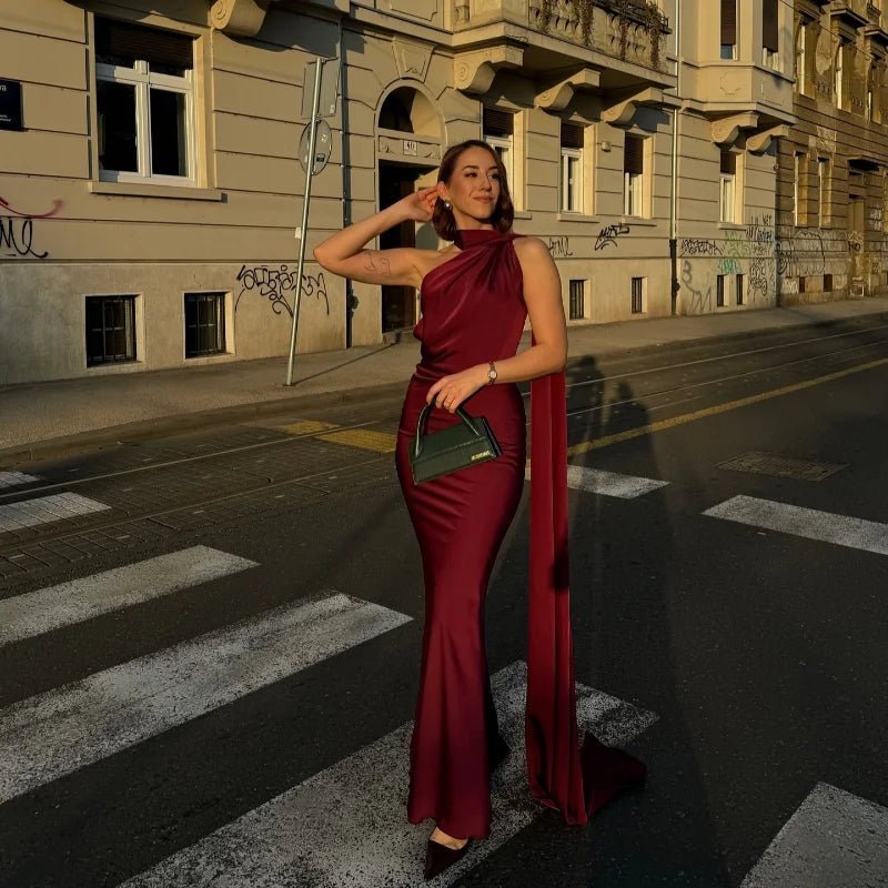 Demetra Satin Halter Backless Evening Gown