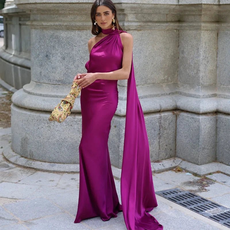 Demetra Satin Halter Backless Evening Gown