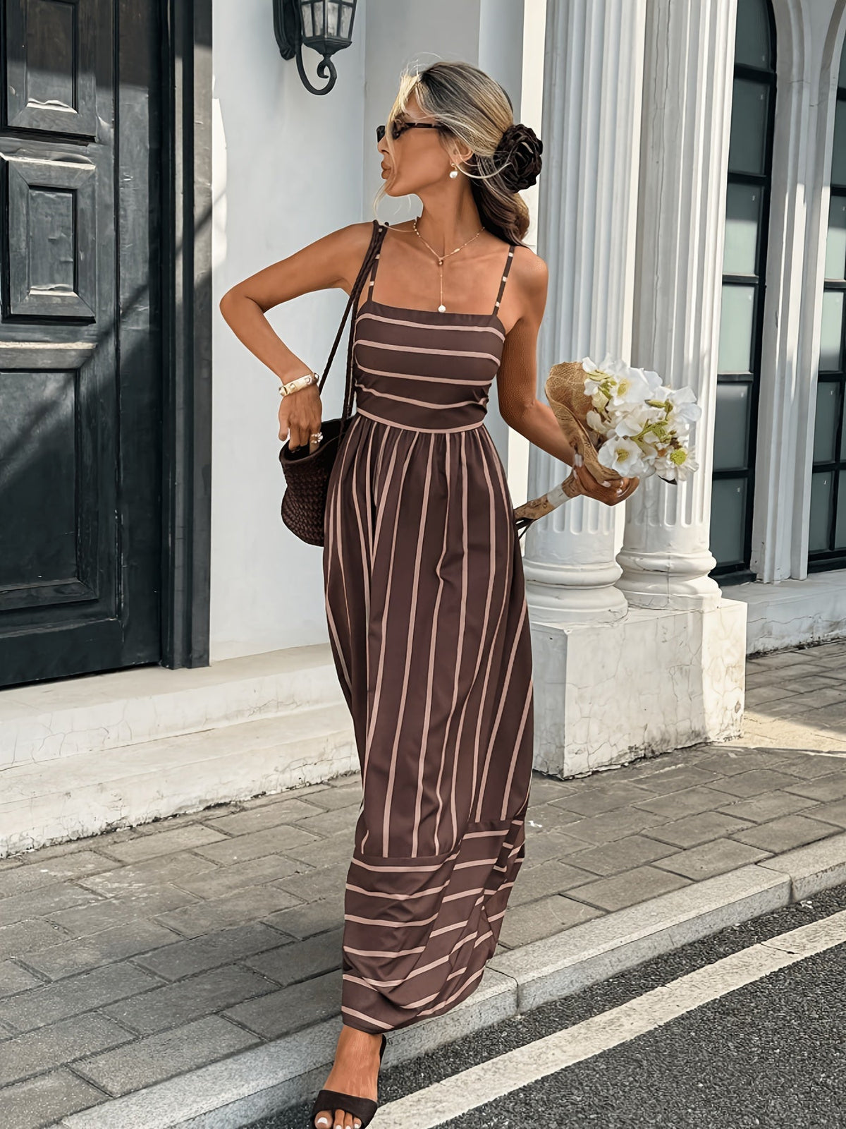 Elena gestreepte linnen slipdress