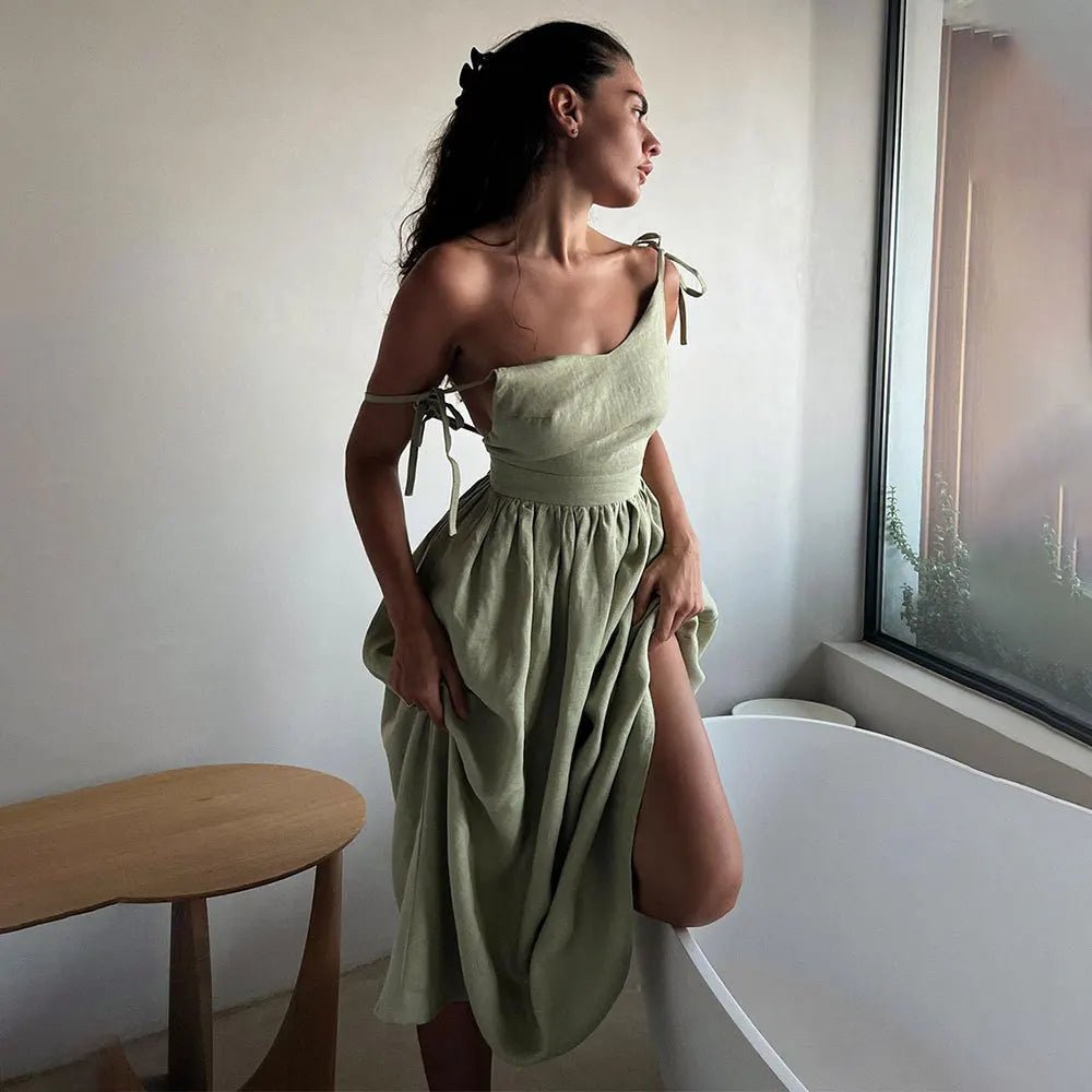 Elisabeta Backless Tie-Strap Midi Dress