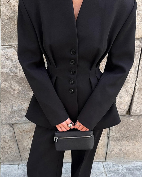 Empress Ruched-Waist V-Neck Blazer