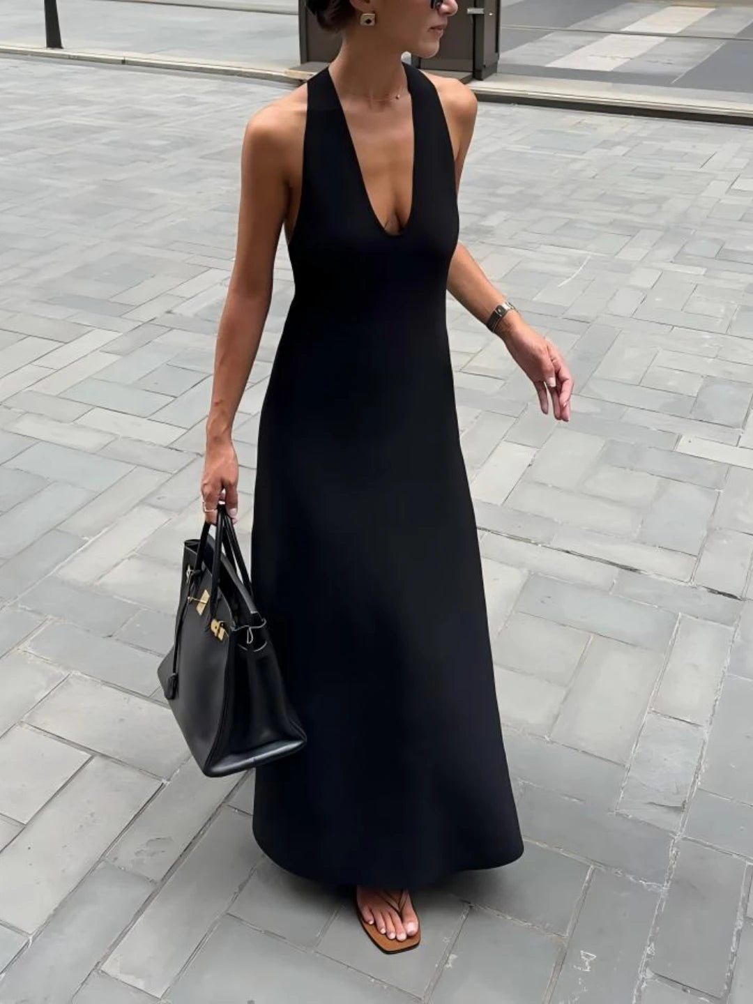 Vestido comprido cai-cai com decote em V profundo Erica