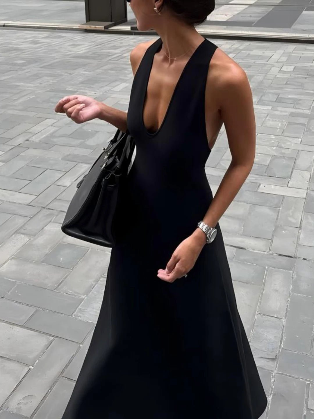Vestido comprido cai-cai com decote em V profundo Erica