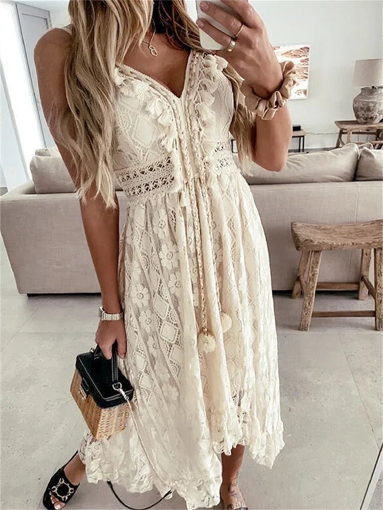 Esra Sleeveless Lace V-Neck Maxi Dress