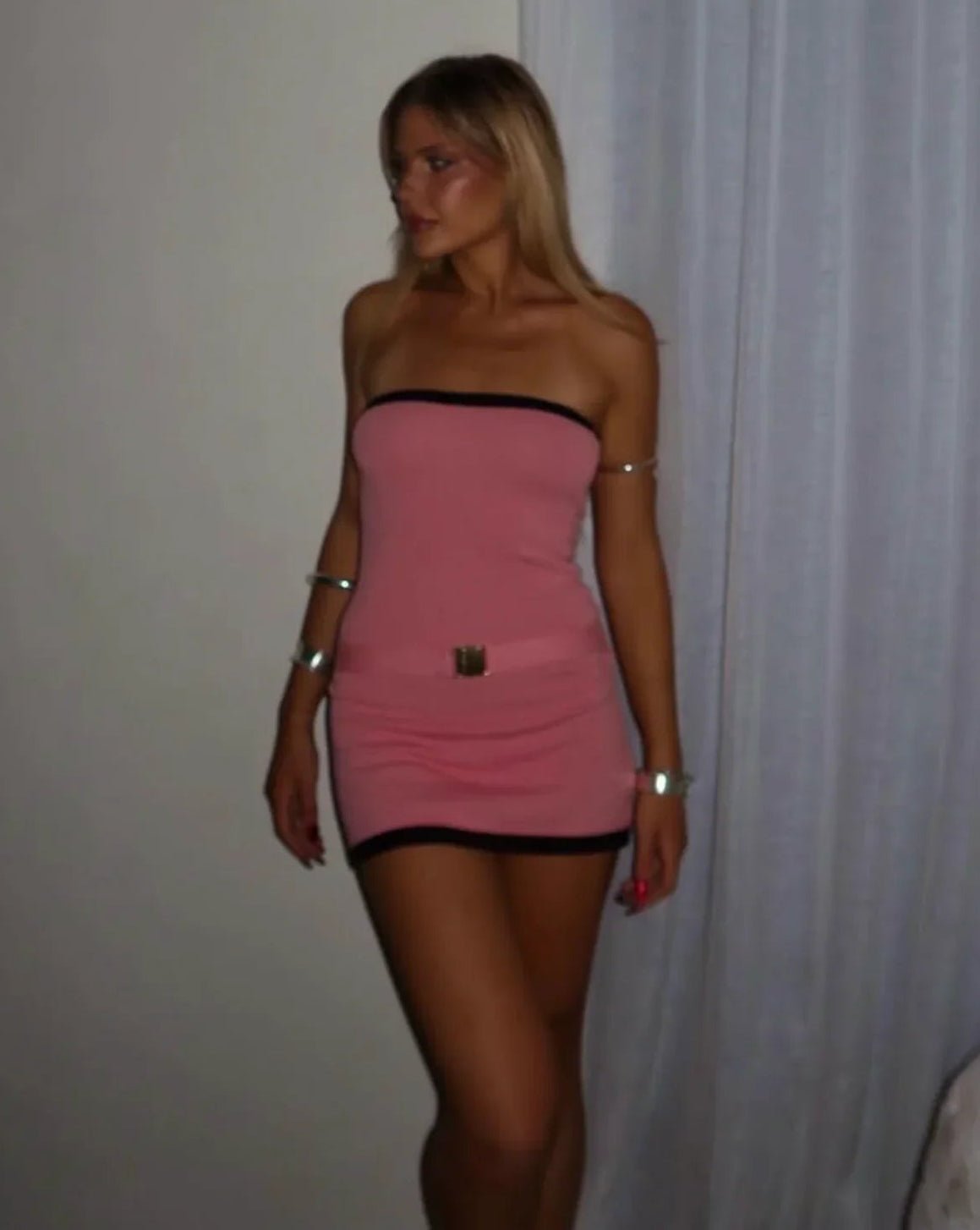 Eva Strapless Buckle Detail Knit Mini Dress