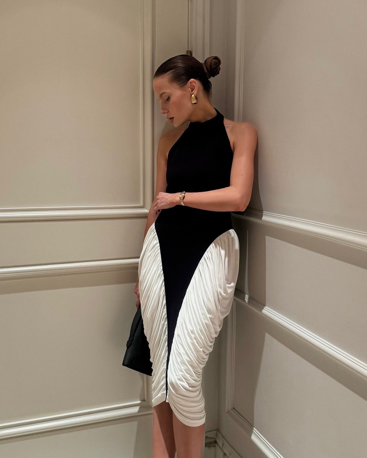 Francesca High-Neck Backless Pleated Midi Dress