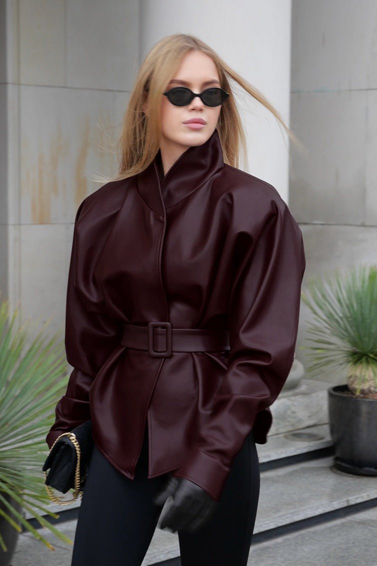 Giacca in pelle con cintura Gabby