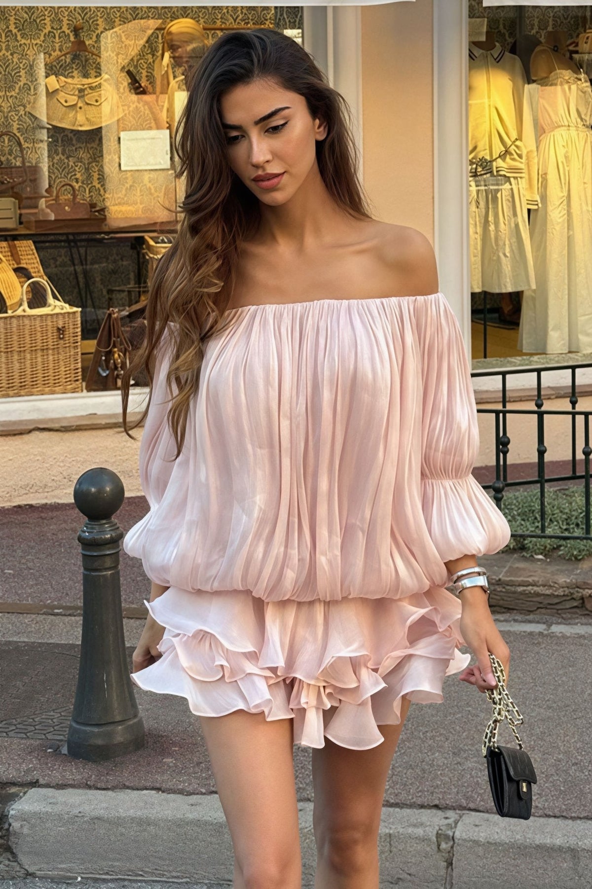Mini-robe Greta à épaules dénudées, volants et pans superposés