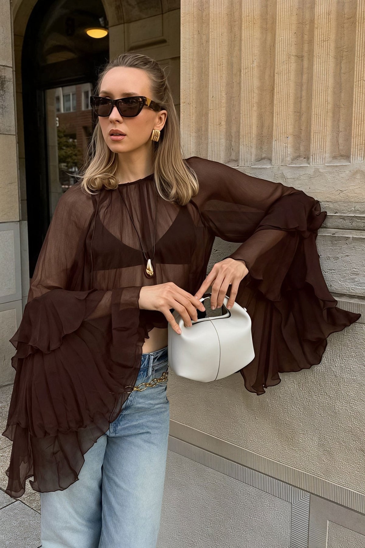 Blouse Greta en mousseline à manches cloche volantées
